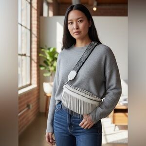 Studded White Fringe Crossbody Bag Fanny Pack